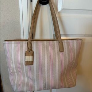 Coach Beige and Pink Striped Tote